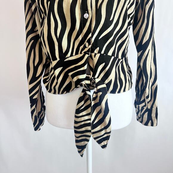 RACHEL ZOE ANIMAL PRINT RETRO 90'S TIE AT THE WAIST LONG SLEEVE BLOUSE SIZE MED - Picture 6 of 11